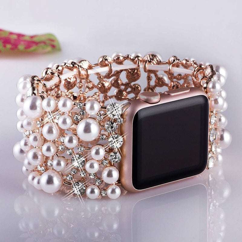 VIQIV Bling Bands Compatible with Apple Watch Band 38mm 40mm 41mm 42mm 44mm 45mm 49mm Iwatch Series SE 9 8 7 6 5 4 3 2 Ultra, Diamond Rhinestone Metal Pearl Dressy Bracelet Wristband Strap for Women - Image 4